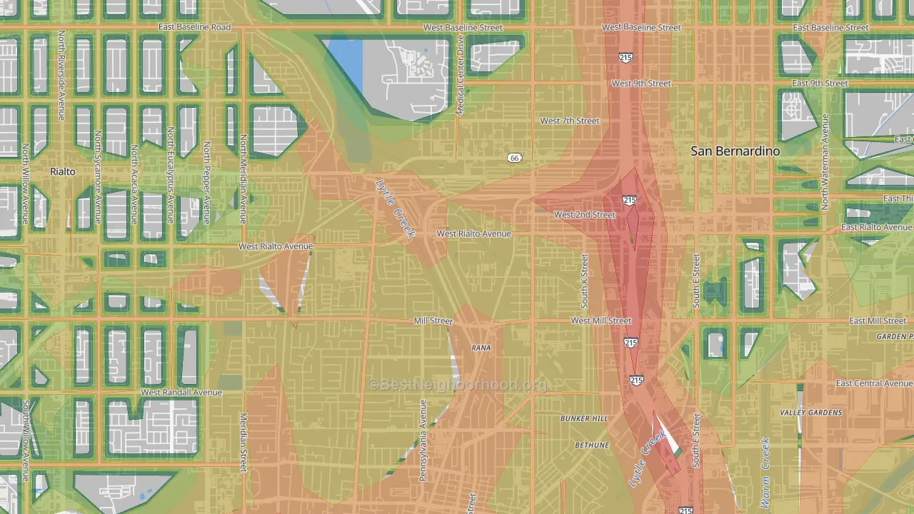 Amtrak, San Bernardino, CA Map of Noise Levels in Amtrak