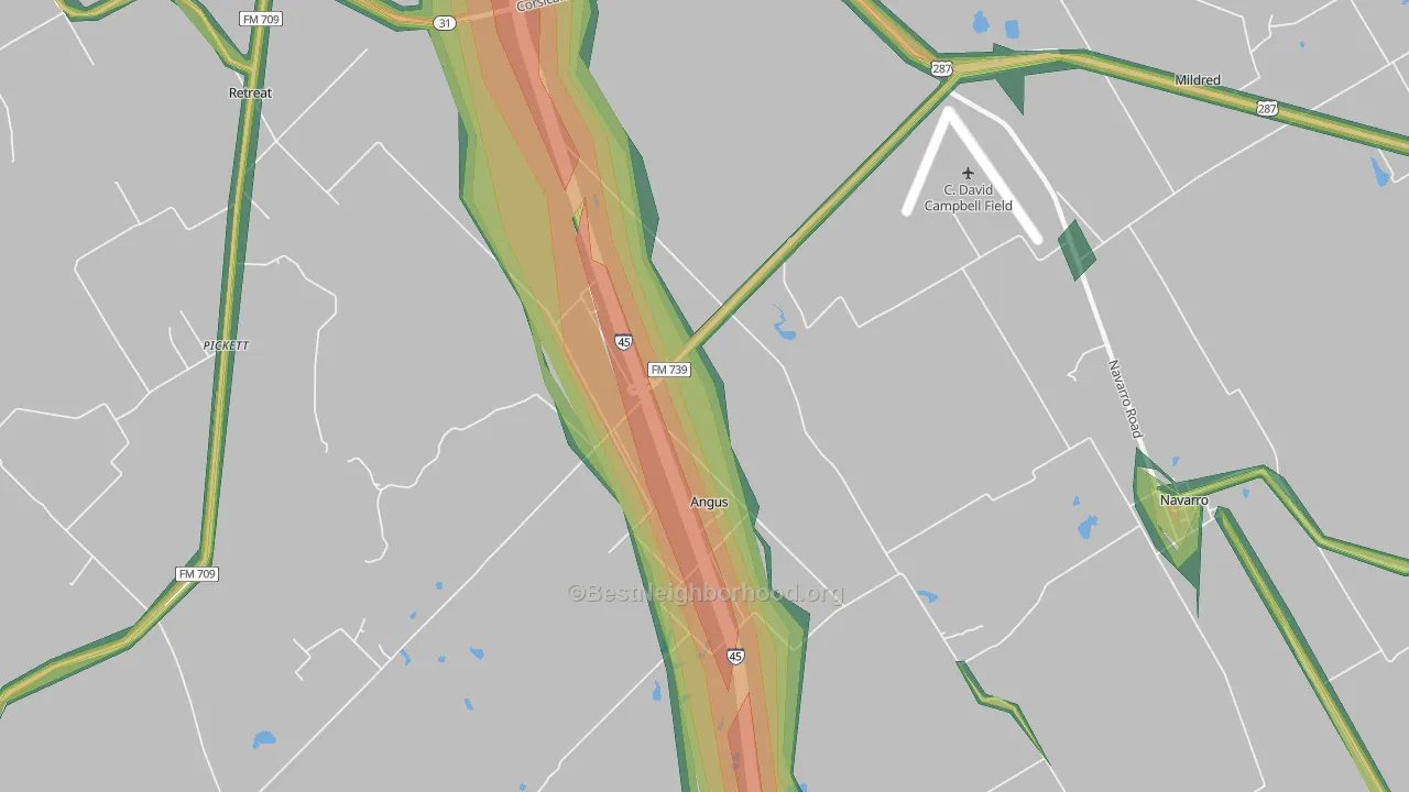 Angus, TX Map of Noise Levels in Angus