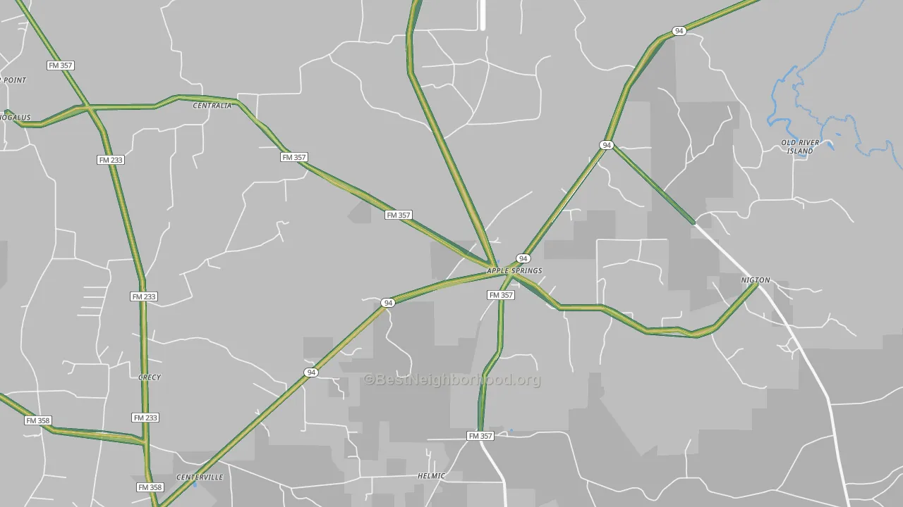 Apple Springs, TX Map of Noise Levels in Apple Springs