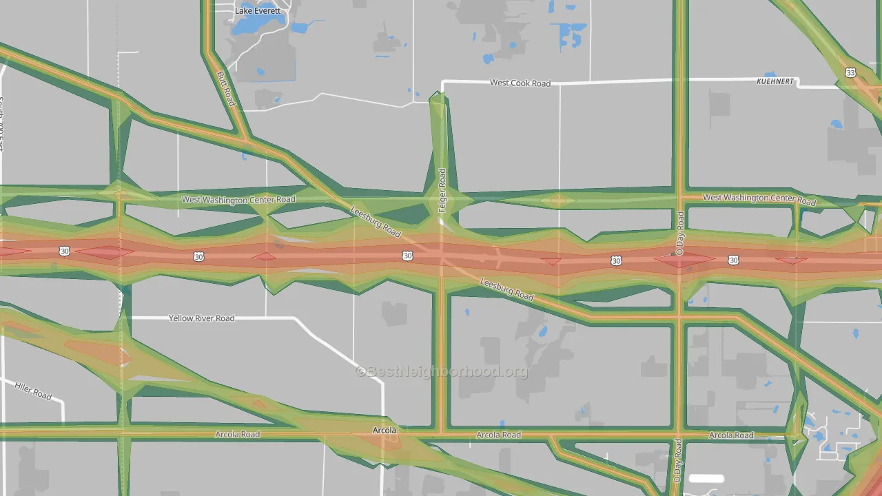 Arcola, IN Map of Noise Levels in Arcola