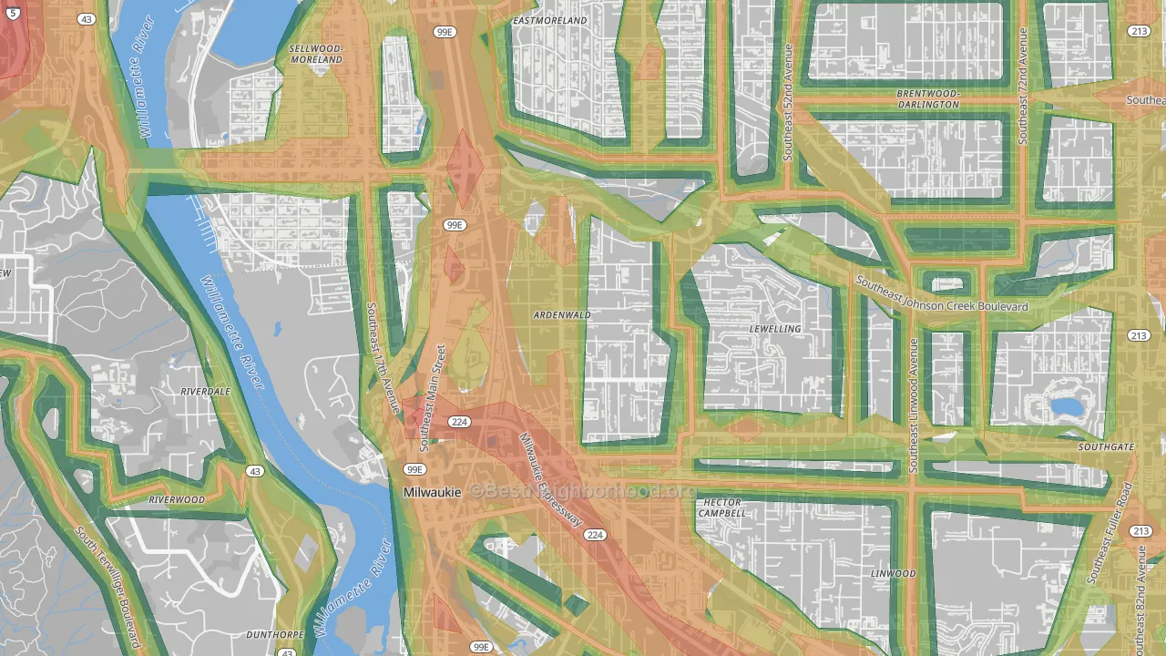 Ardenwald, Milwaukie, OR Map of Noise Levels in Ardenwald