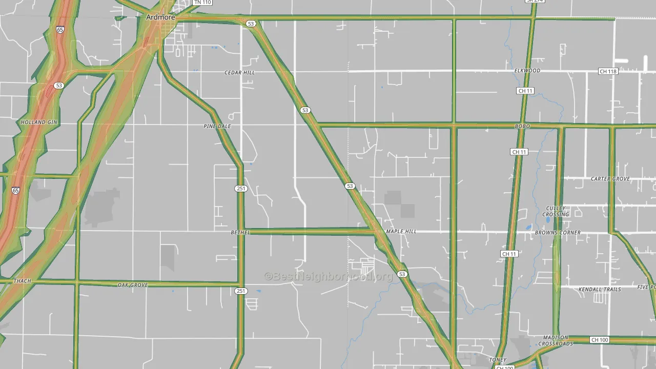 Ardmore, AL Map of Noise Levels in Ardmore