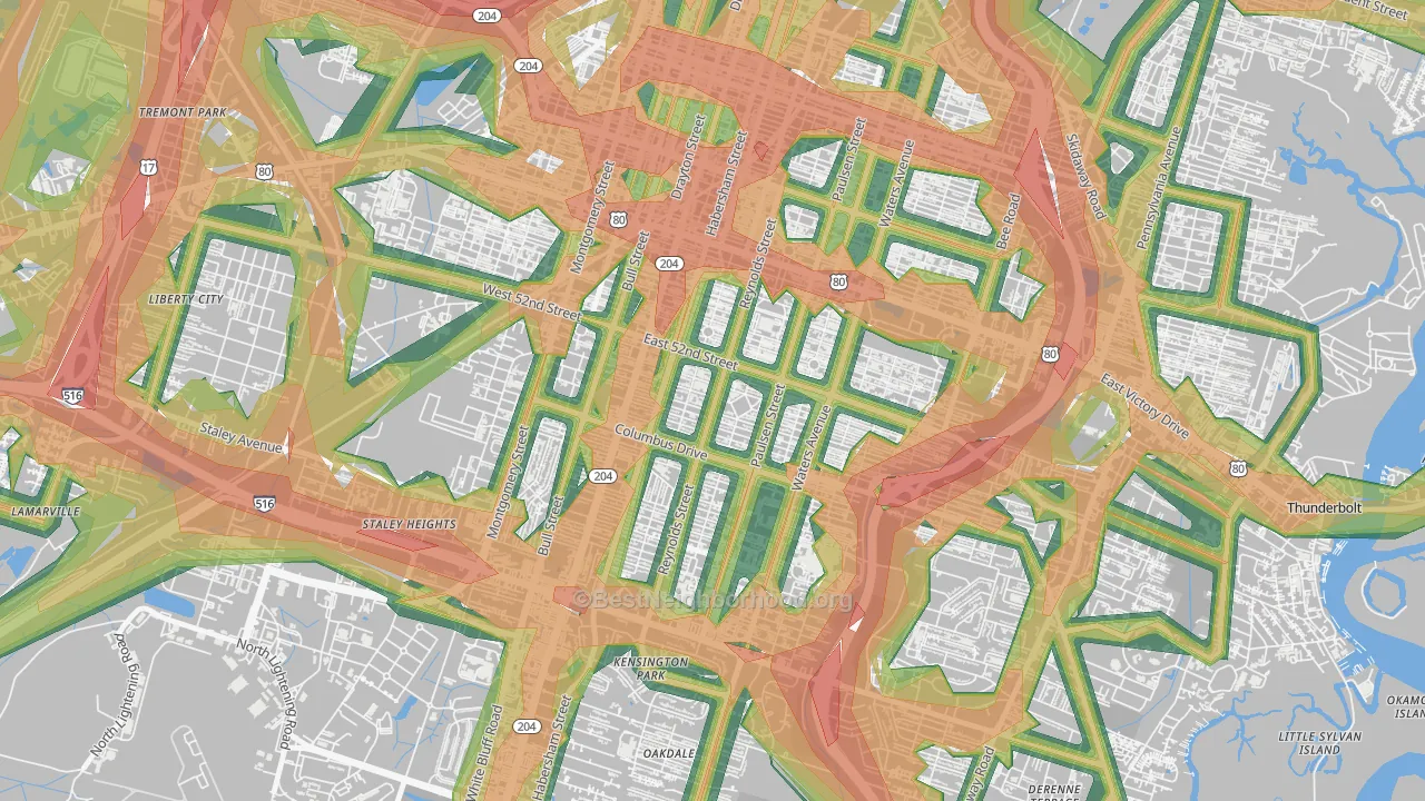 Ardmore-Gould Estates-Olin Heights, Savannah, GA Map of Noise Levels in Ardmore-Gould Estates-Olin Heights