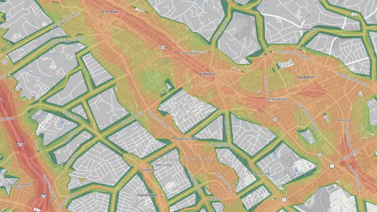 Ardmore, PA Map of Noise Levels in Ardmore