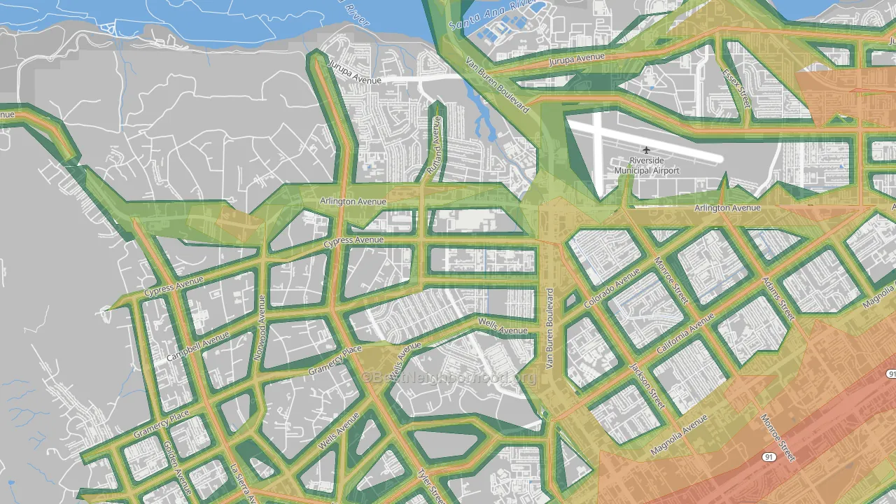 Arlanza, Riverside, CA Map of Noise Levels in Arlanza
