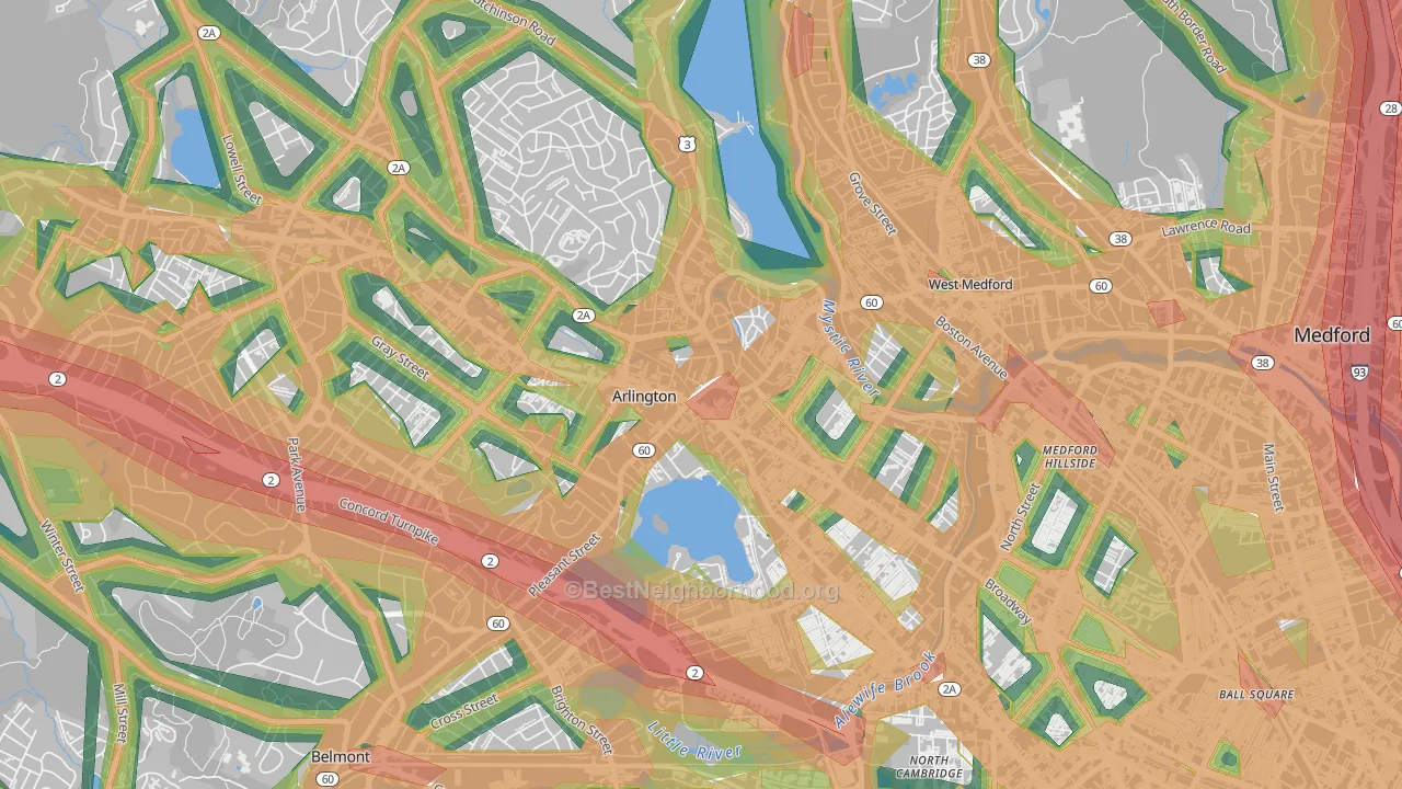 Arlington Center, Arlington, MA Map of Noise Levels in Arlington Center