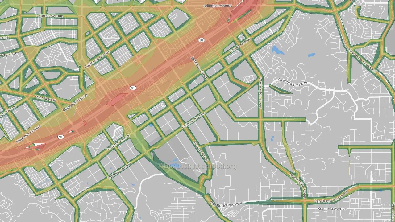 Arlington Heights, Riverside, CA Map of Noise Levels in Arlington Heights