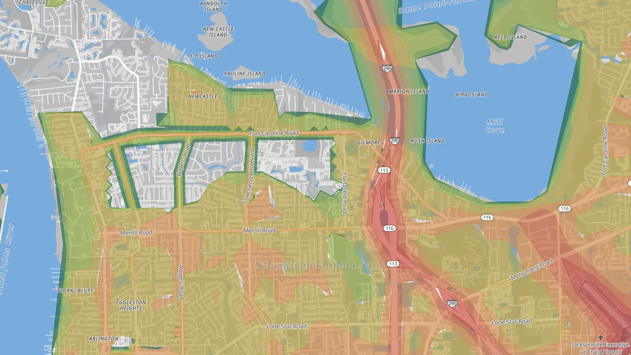 Arlington Hills, Jacksonville, FL Map of Noise Levels in Arlington Hills
