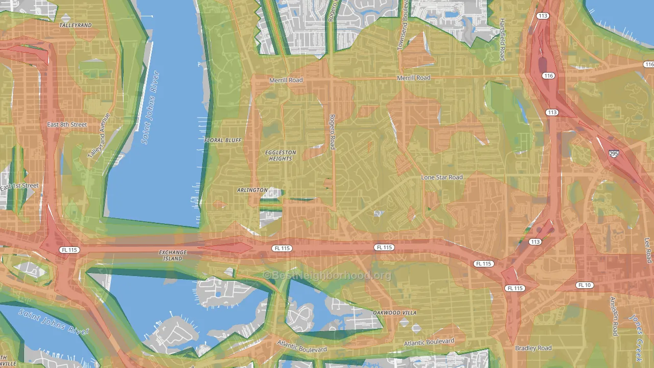 Arlington, Jacksonville, FL Map of Noise Levels in Arlington
