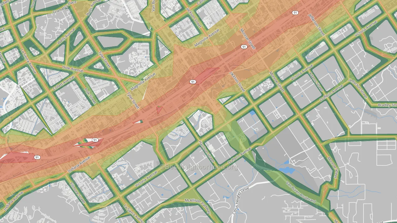 Arlington South, Riverside, CA Map of Noise Levels in Arlington South