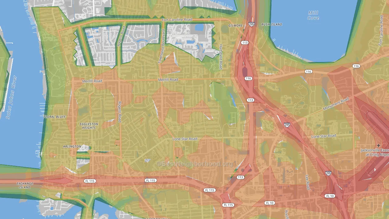 Arlingwood, Jacksonville, FL Map of Noise Levels in Arlingwood