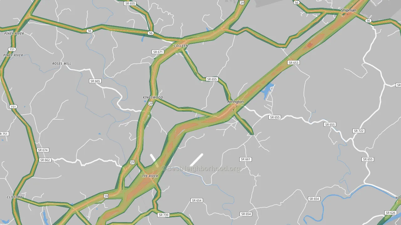 Arrington, VA Map of Noise Levels in Arrington