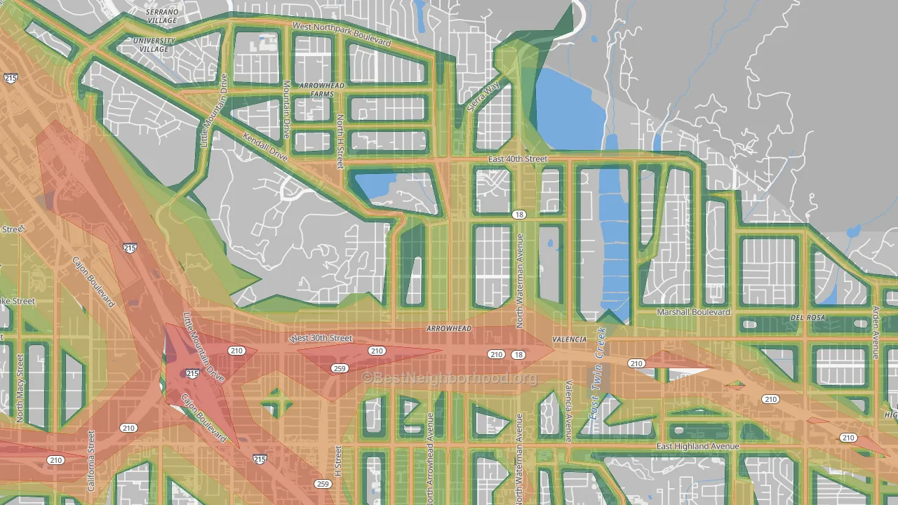Arrowhead, San Bernardino, CA Map of Noise Levels in Arrowhead