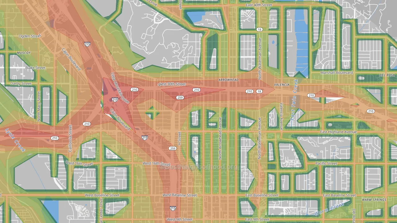 Arrowview, San Bernardino, CA Map of Noise Levels in Arrowview