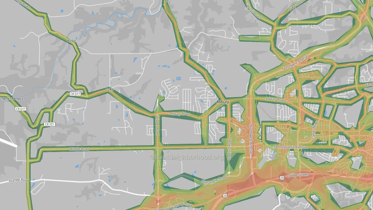 Asbury, IA Map of Noise Levels in Asbury
