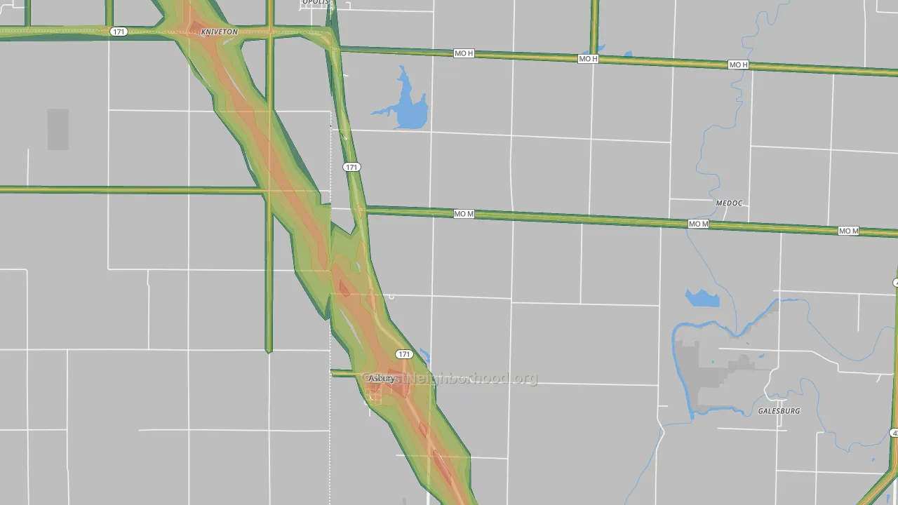 Asbury, MO Map of Noise Levels in Asbury