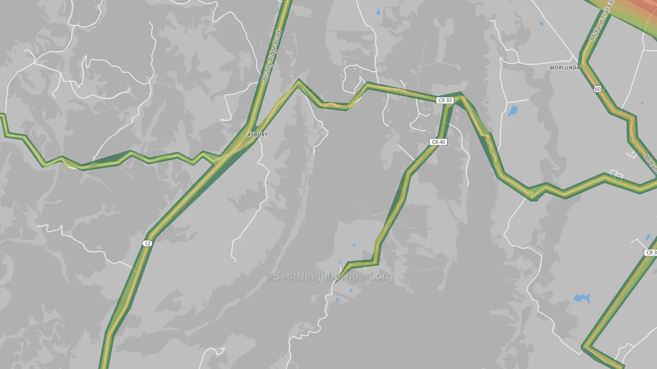 Asbury, WV Map of Noise Levels in Asbury