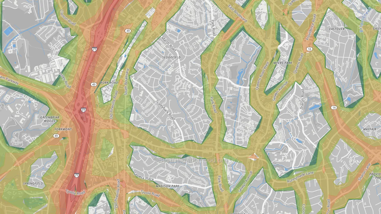 Ashbrook-Clawson Village, Charlotte, NC Map of Noise Levels in Ashbrook-Clawson Village