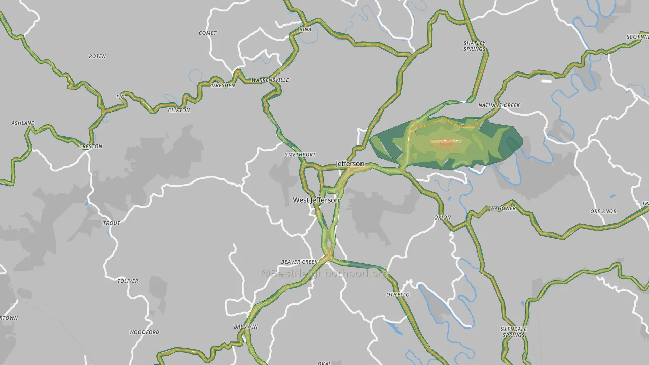 Ashe County, NC Map of Noise Levels in Ashe County