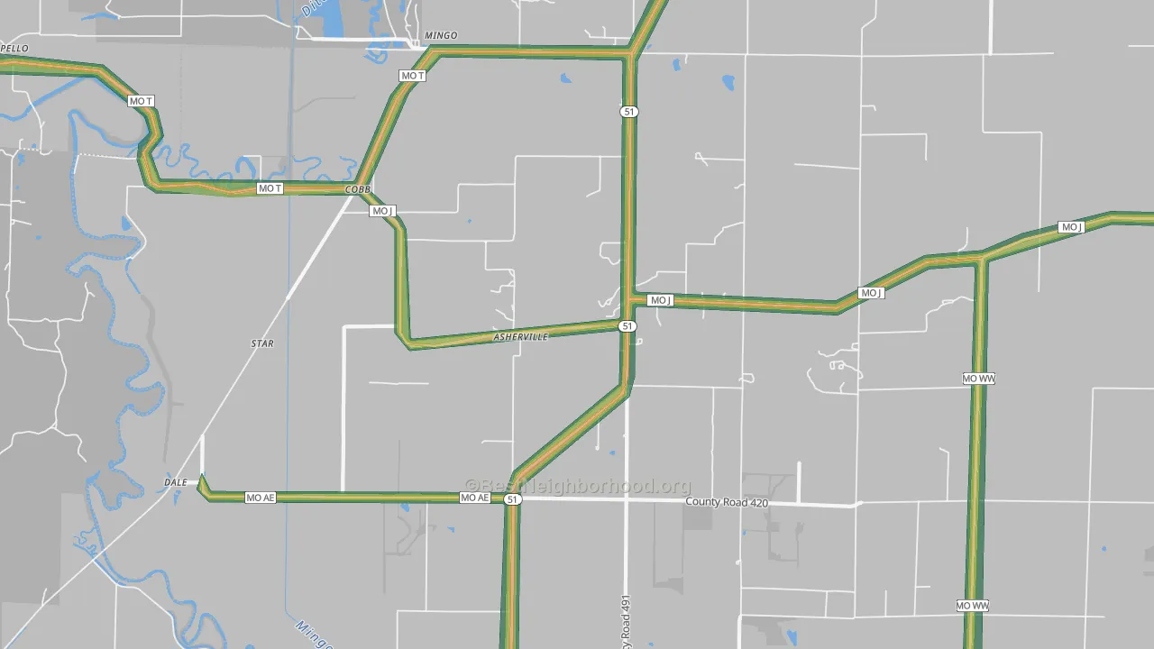 Asherville, MO Map of Noise Levels in Asherville