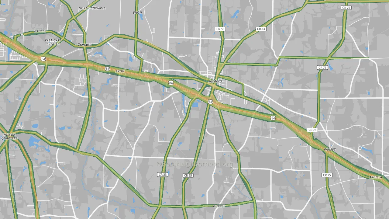 Ashford, AL Map of Noise Levels in Ashford