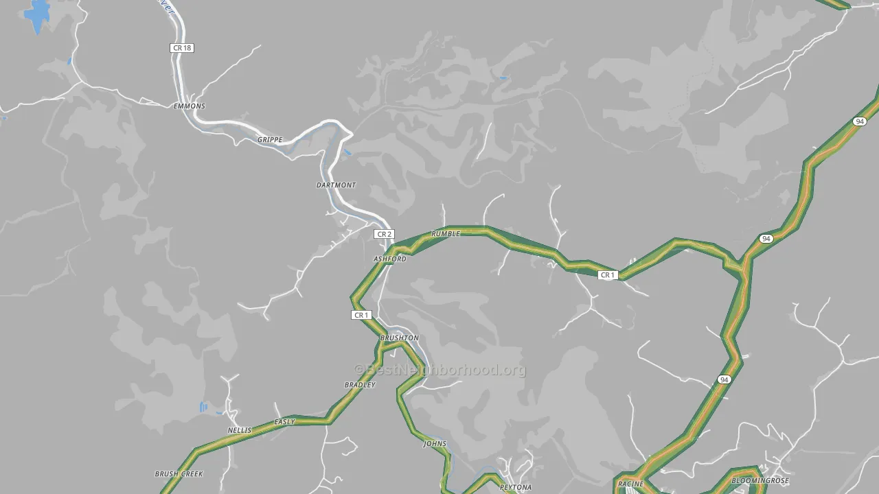 Ashford, WV Map of Noise Levels in Ashford