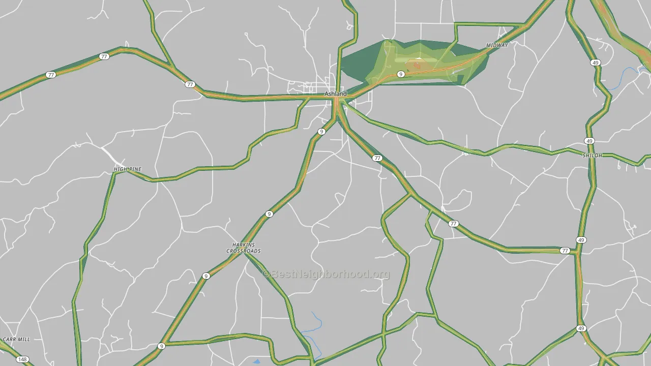 Ashland, AL Map of Noise Levels in Ashland