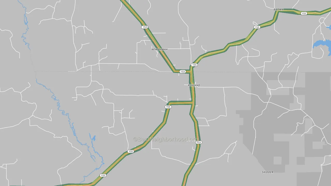 Ashland, LA Map of Noise Levels in Ashland