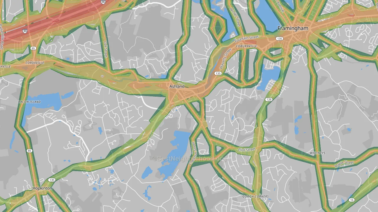 Ashland, MA Map of Noise Levels in Ashland