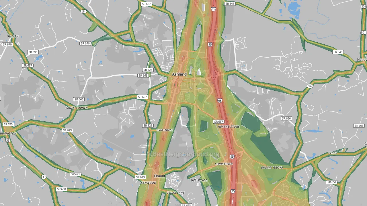 Ashland, VA Map of Noise Levels in Ashland