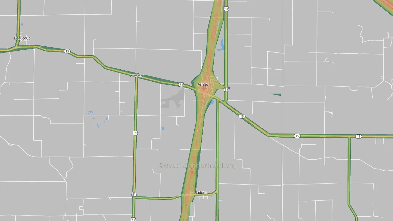 Ashley, IL Map of Noise Levels in Ashley