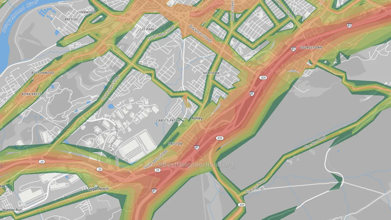 Ashley, PA Map of Noise Levels in Ashley