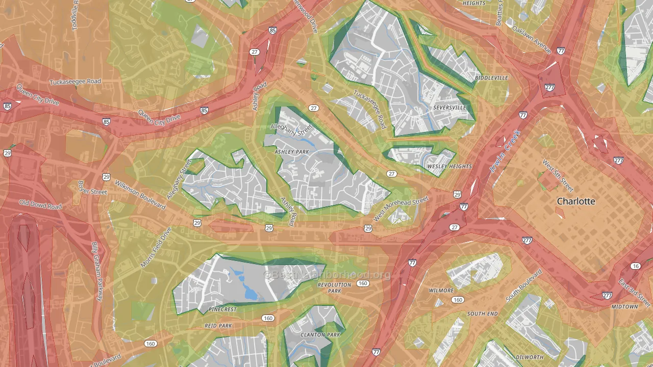 Ashley Park, Charlotte, NC Map of Noise Levels in Ashley Park