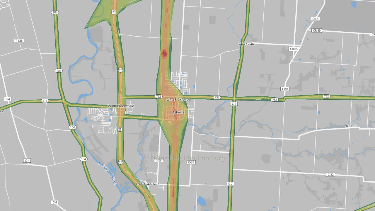 Ashville, OH Map of Noise Levels in Ashville