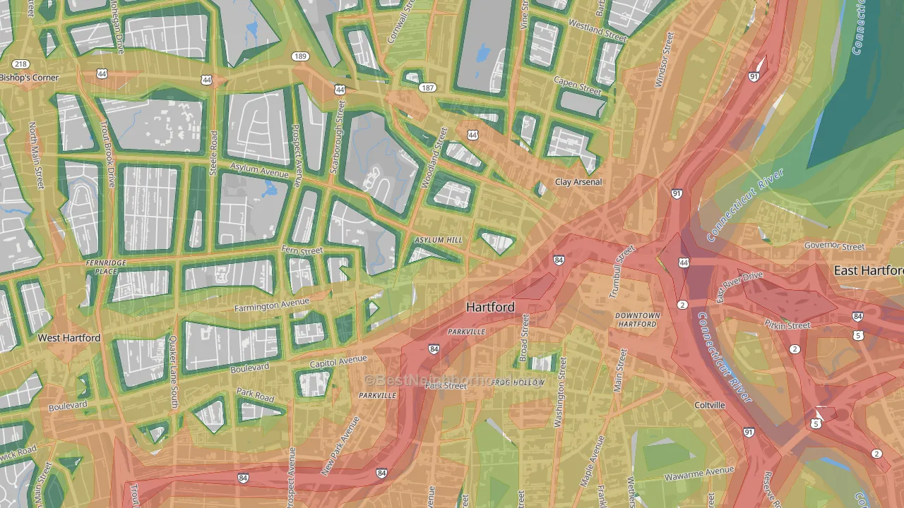 Asylum Hill, Hartford, CT Map of Noise Levels in Asylum Hill