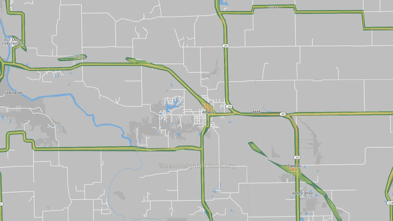 Athens, IL Map of Noise Levels in Athens
