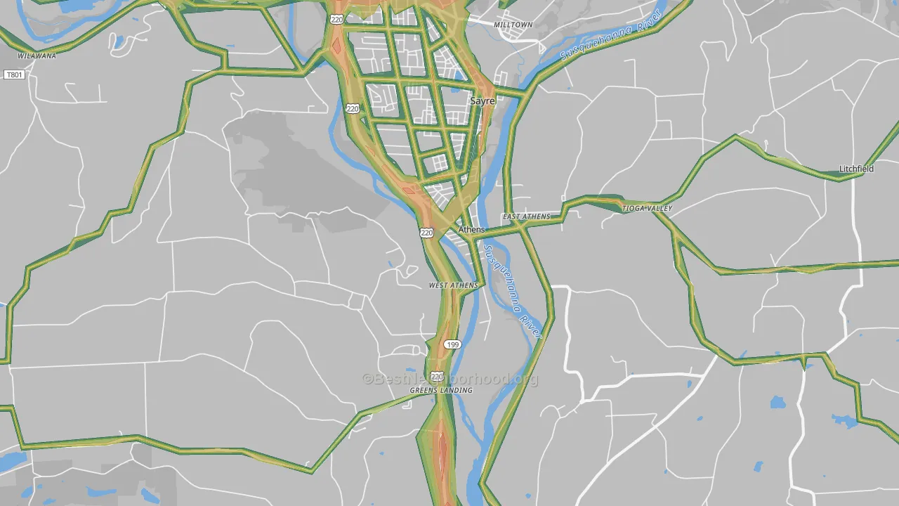 Athens, PA Map of Noise Levels in Athens
