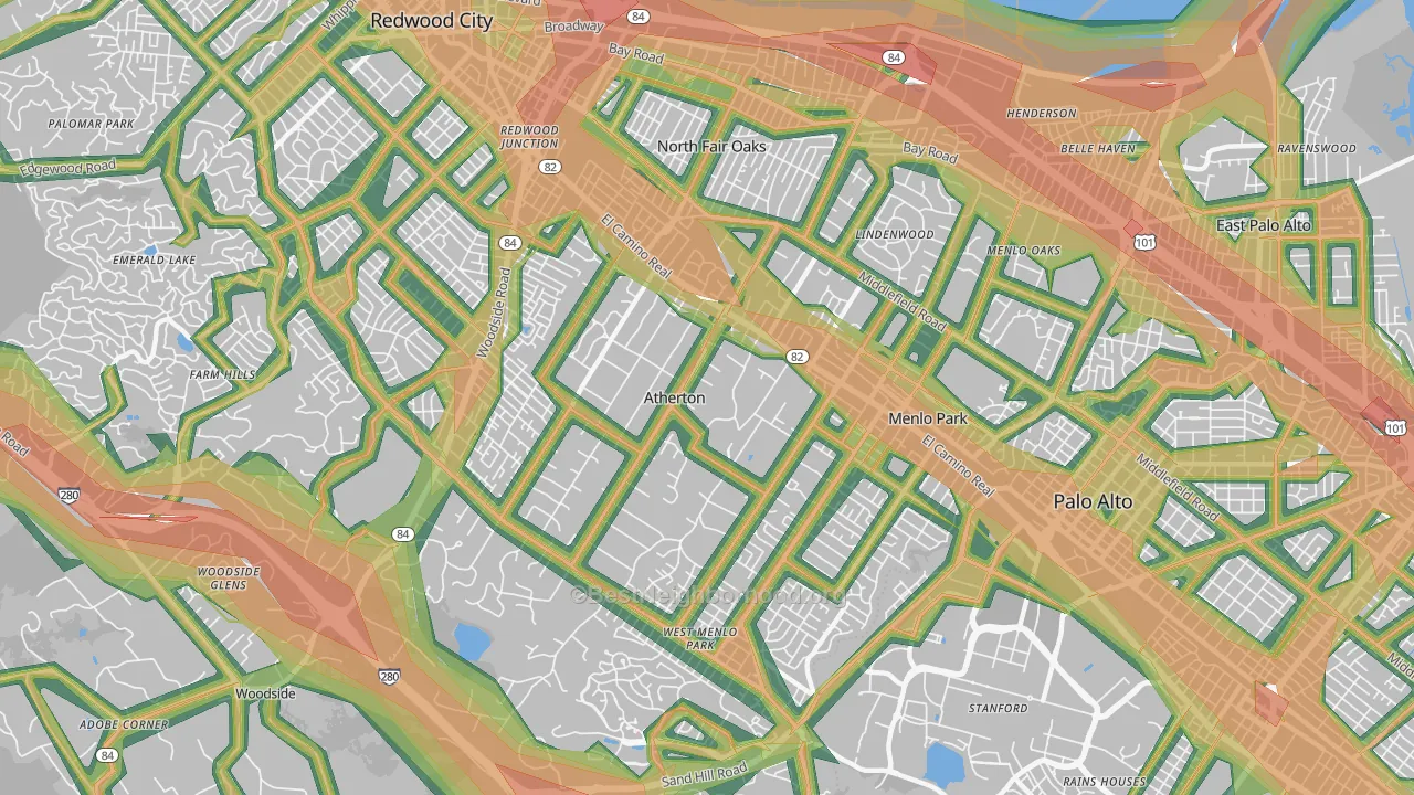 Atherton, CA Map of Noise Levels in Atherton