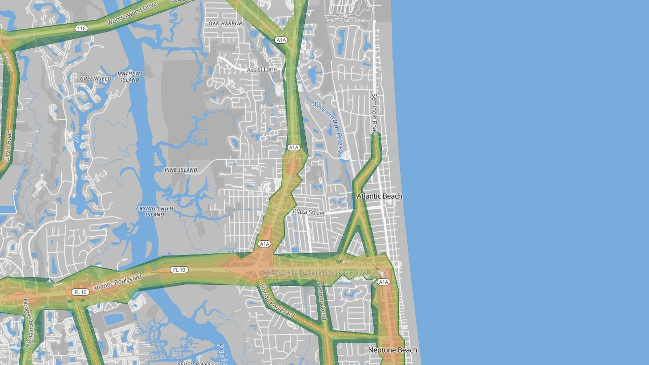 Atlantic Beaches, Atlantic Beach, FL Map of Noise Levels in Atlantic Beaches
