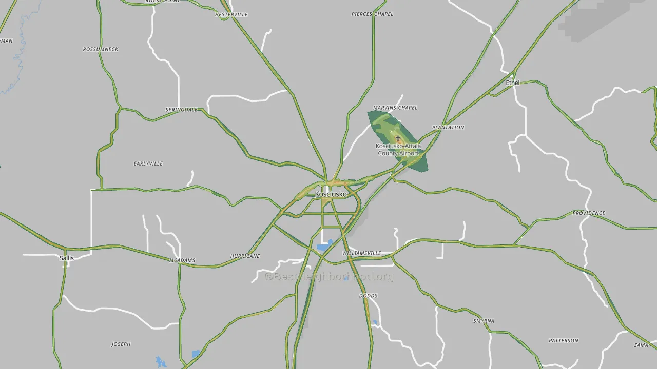 Attala County, MS Map of Noise Levels in Attala County