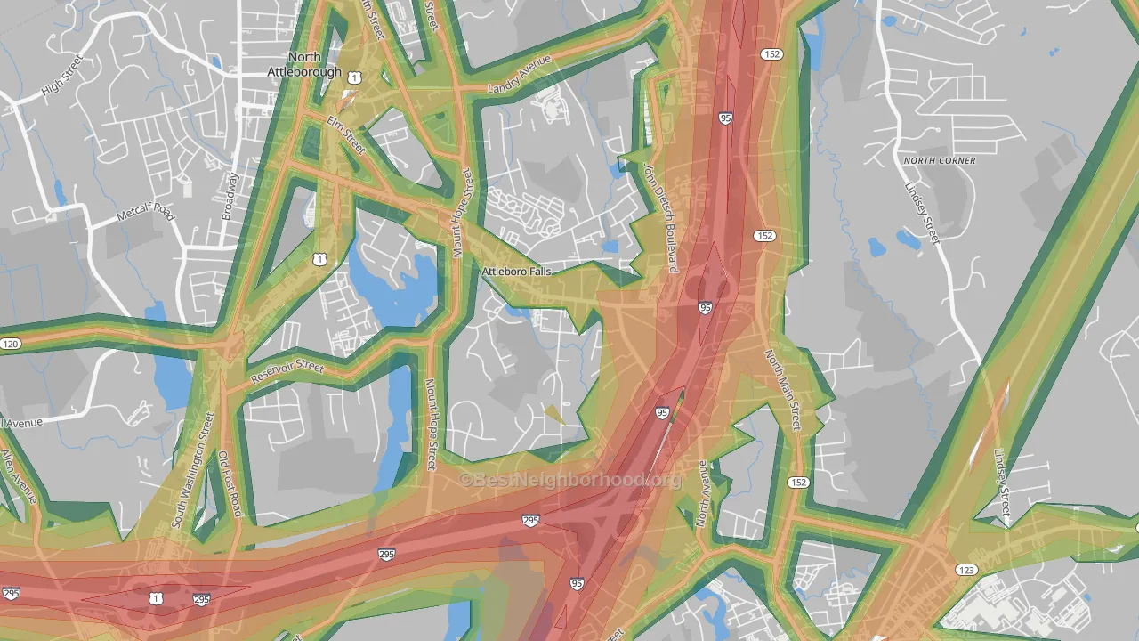 Attleboro Falls, MA Map of Noise Levels in Attleboro Falls