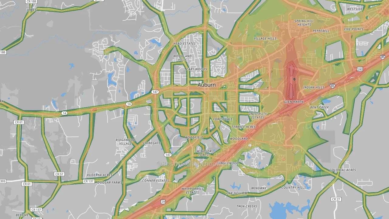 Auburn, AL Map of Noise Levels in Auburn