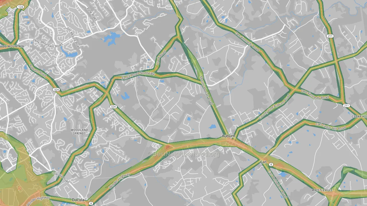 Auburn, GA Map of Noise Levels in Auburn
