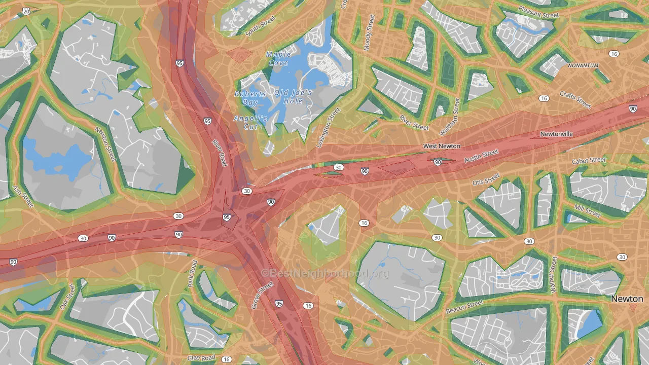 Auburndale, MA Map of Noise Levels in Auburndale