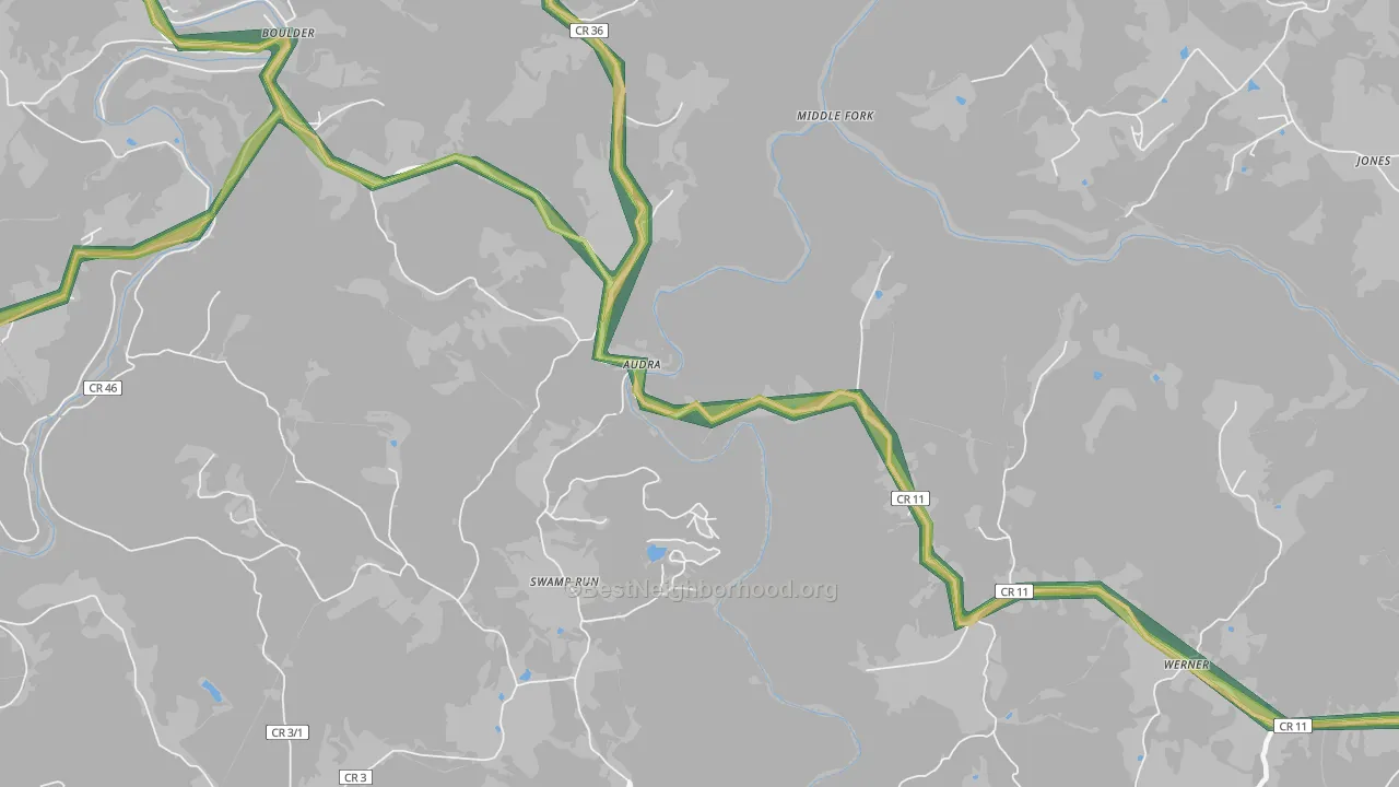 Audra, WV Map of Noise Levels in Audra
