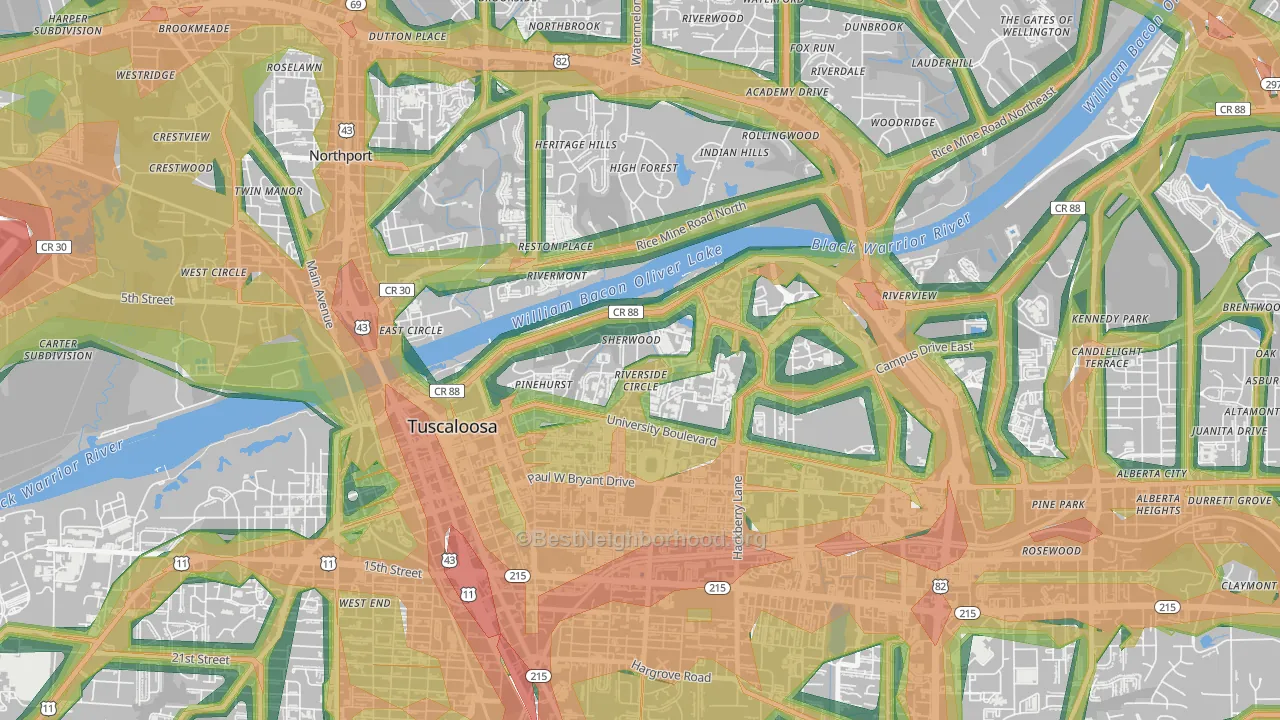 Audubon Place, Tuscaloosa, AL Map of Noise Levels in Audubon Place