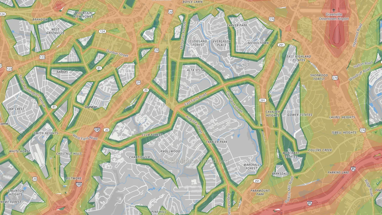 Augusta Street Area, Greenville, SC Map of Noise Levels in Augusta Street Area