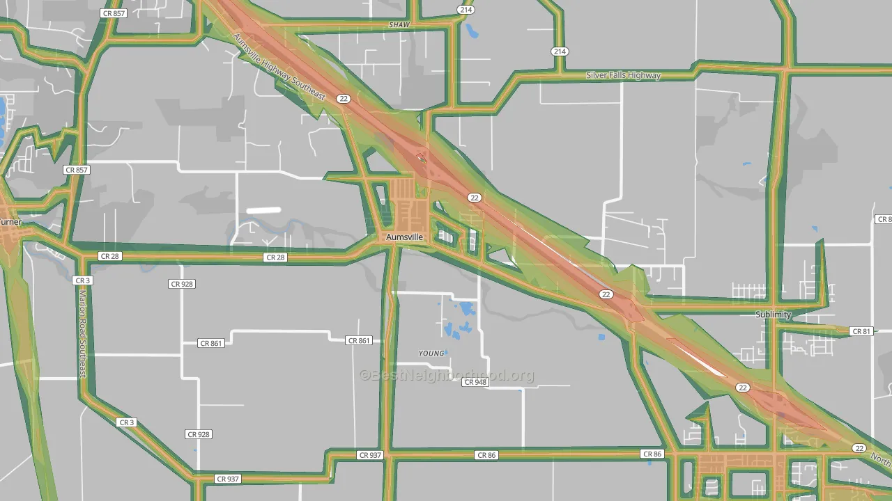 Aumsville, OR Map of Noise Levels in Aumsville