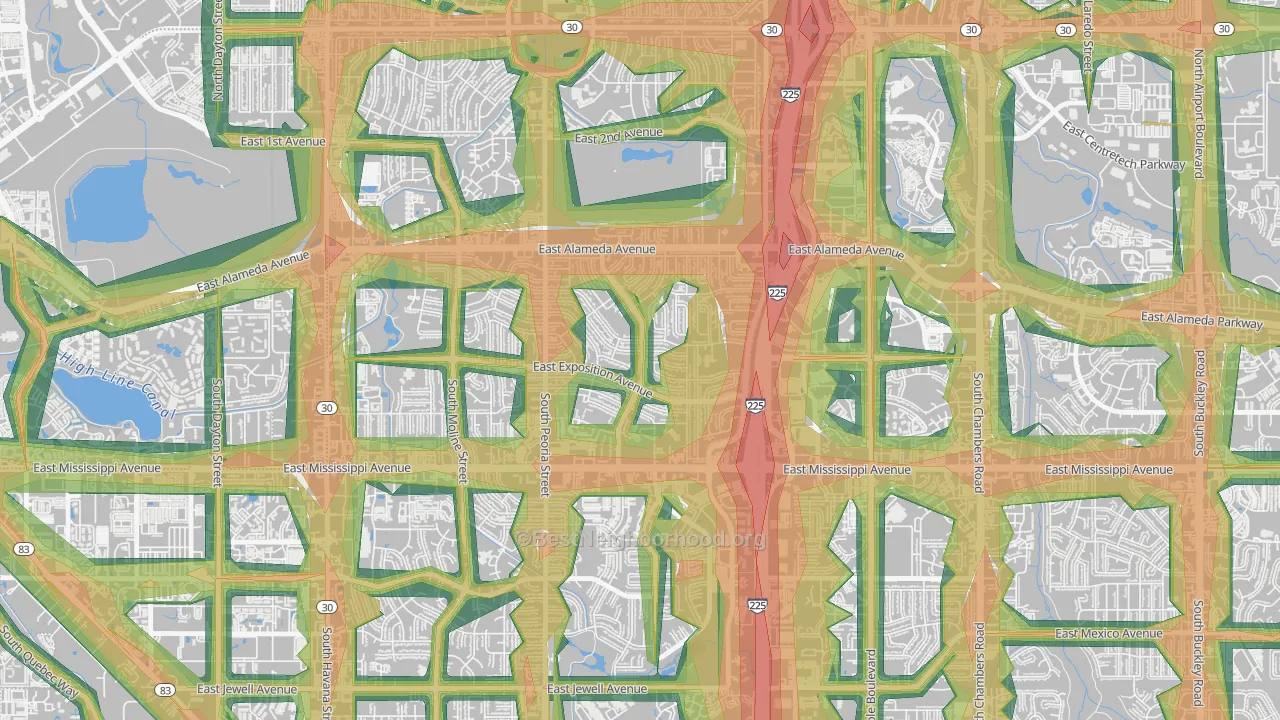 Aurora Hills, Aurora, CO Map of Noise Levels in Aurora Hills