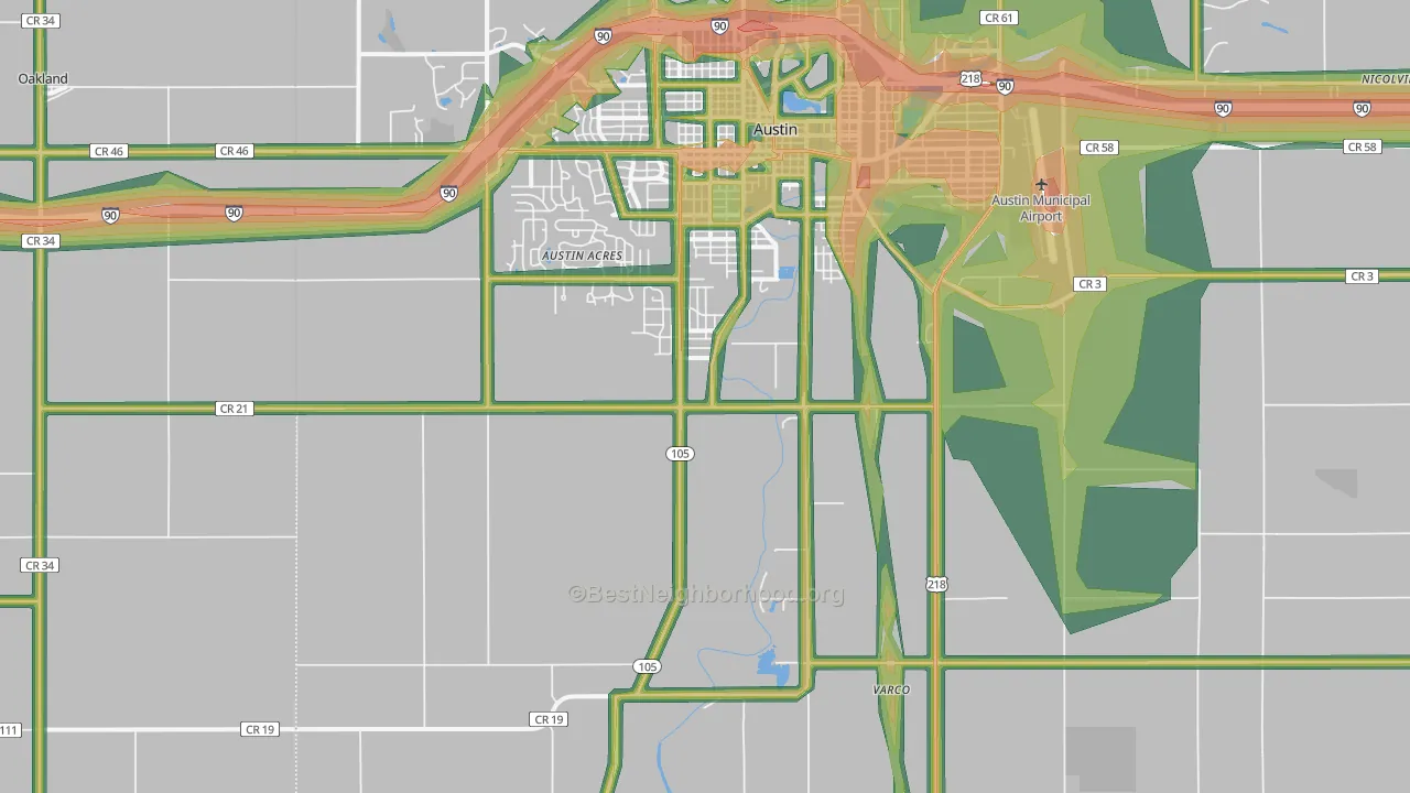 Austin Acres, MN Map of Noise Levels in Austin Acres